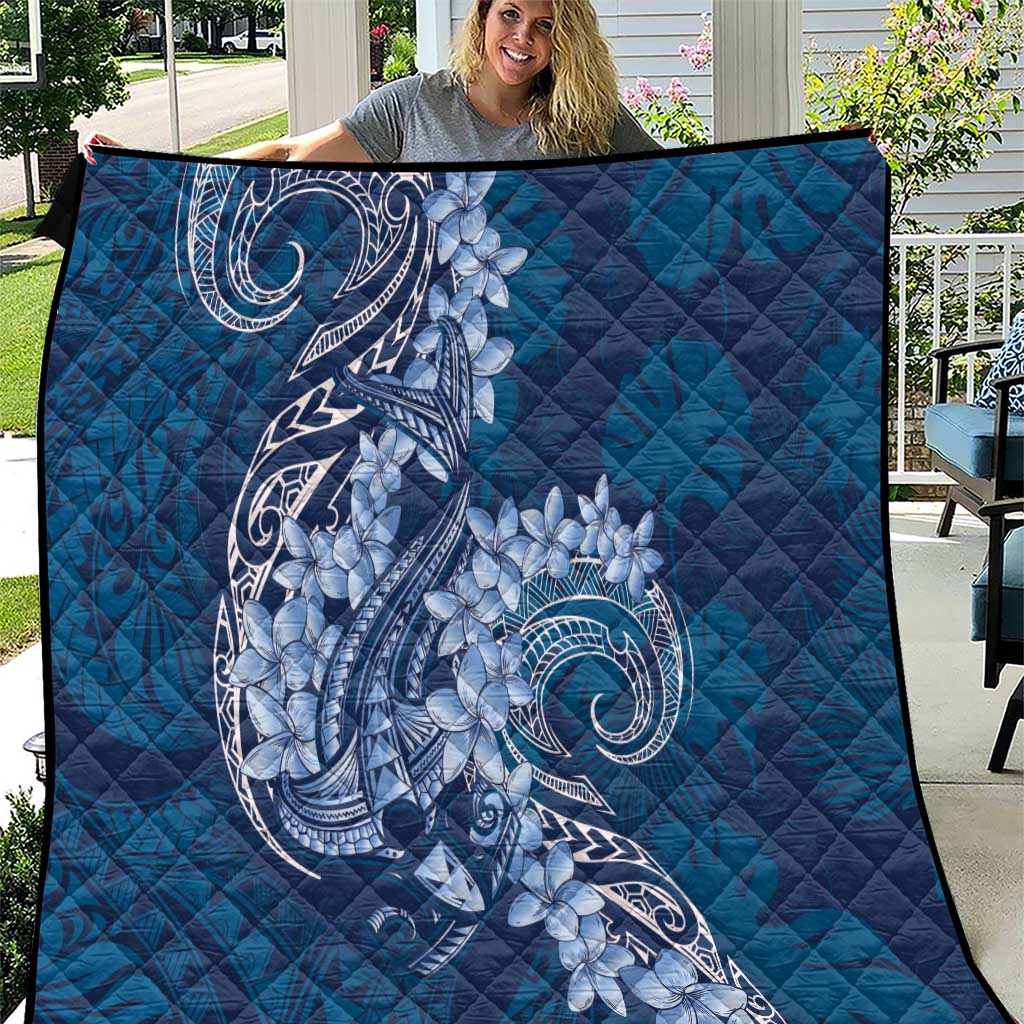 Navy Blue Polynesia Hammerhead Shark Tattoo With Plumeria Lei Quilt