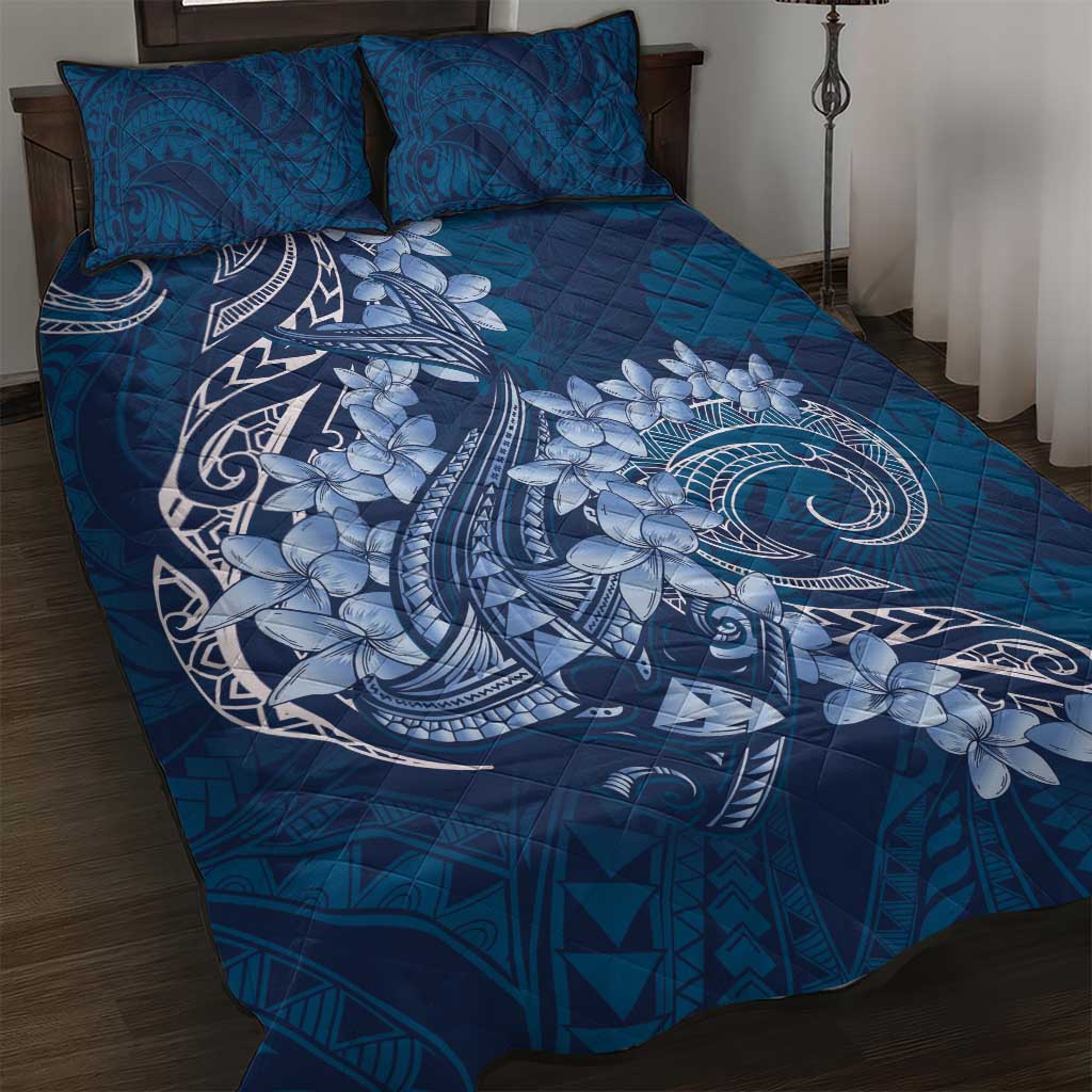 Navy Blue Polynesia Hammerhead Shark Tattoo With Plumeria Lei Quilt Bed Set