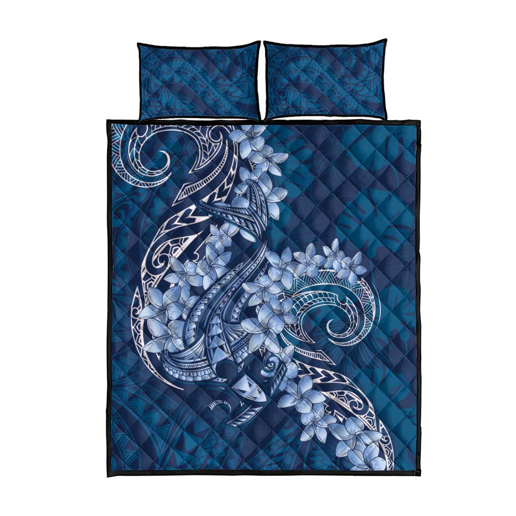 Navy Blue Polynesia Hammerhead Shark Tattoo With Plumeria Lei Quilt Bed Set
