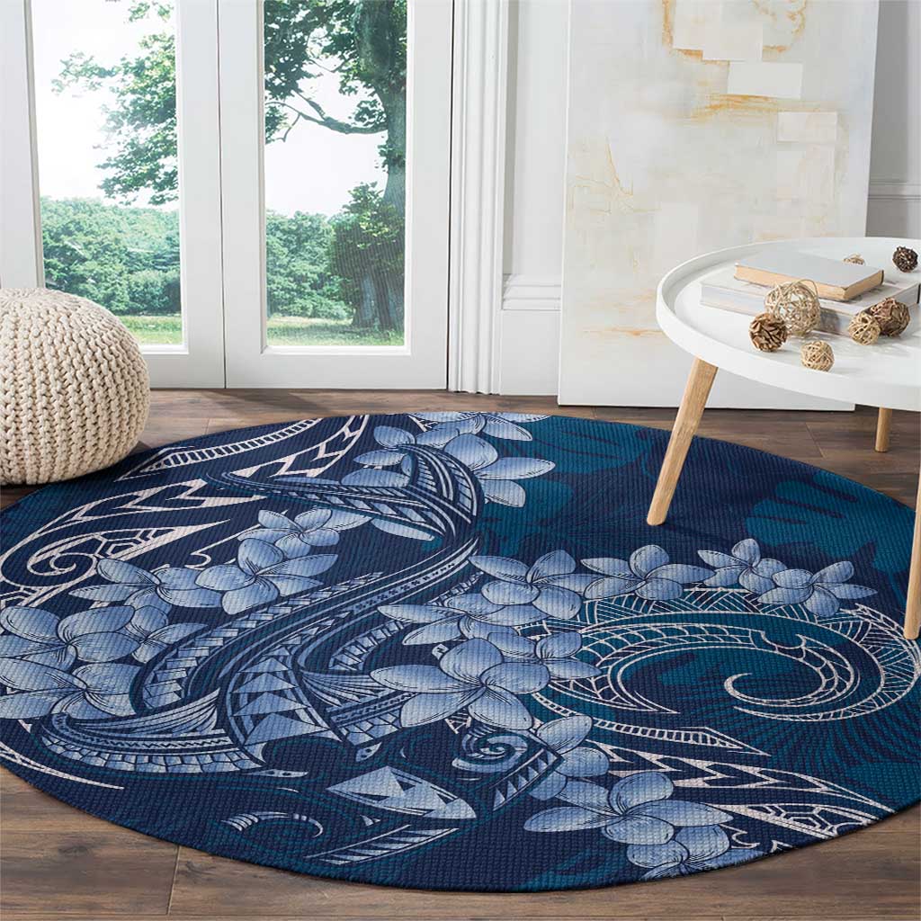 Navy Blue Polynesia Hammerhead Shark Tattoo With Plumeria Lei Round Carpet
