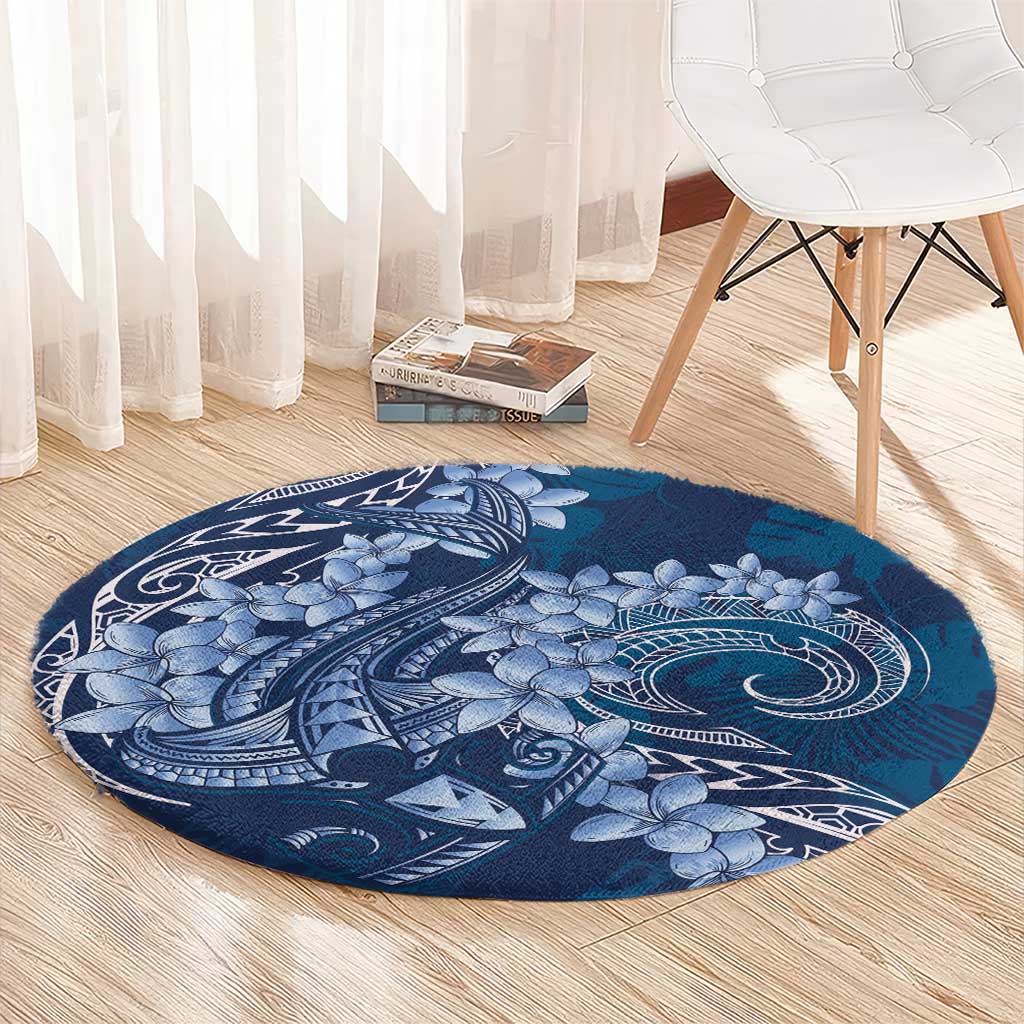 Navy Blue Polynesia Hammerhead Shark Tattoo With Plumeria Lei Round Carpet