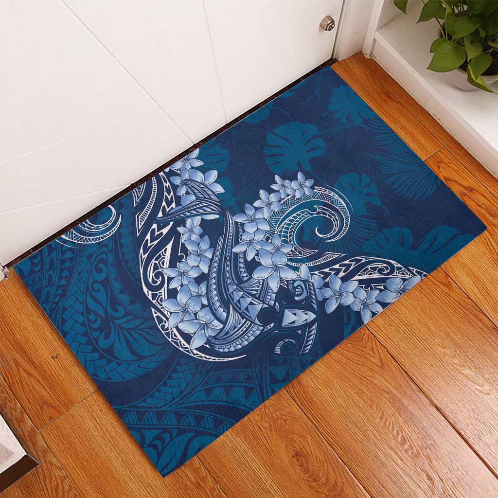 Navy Blue Polynesia Hammerhead Shark Tattoo With Plumeria Lei Rubber Doormat LT14 - Polynesian Pride