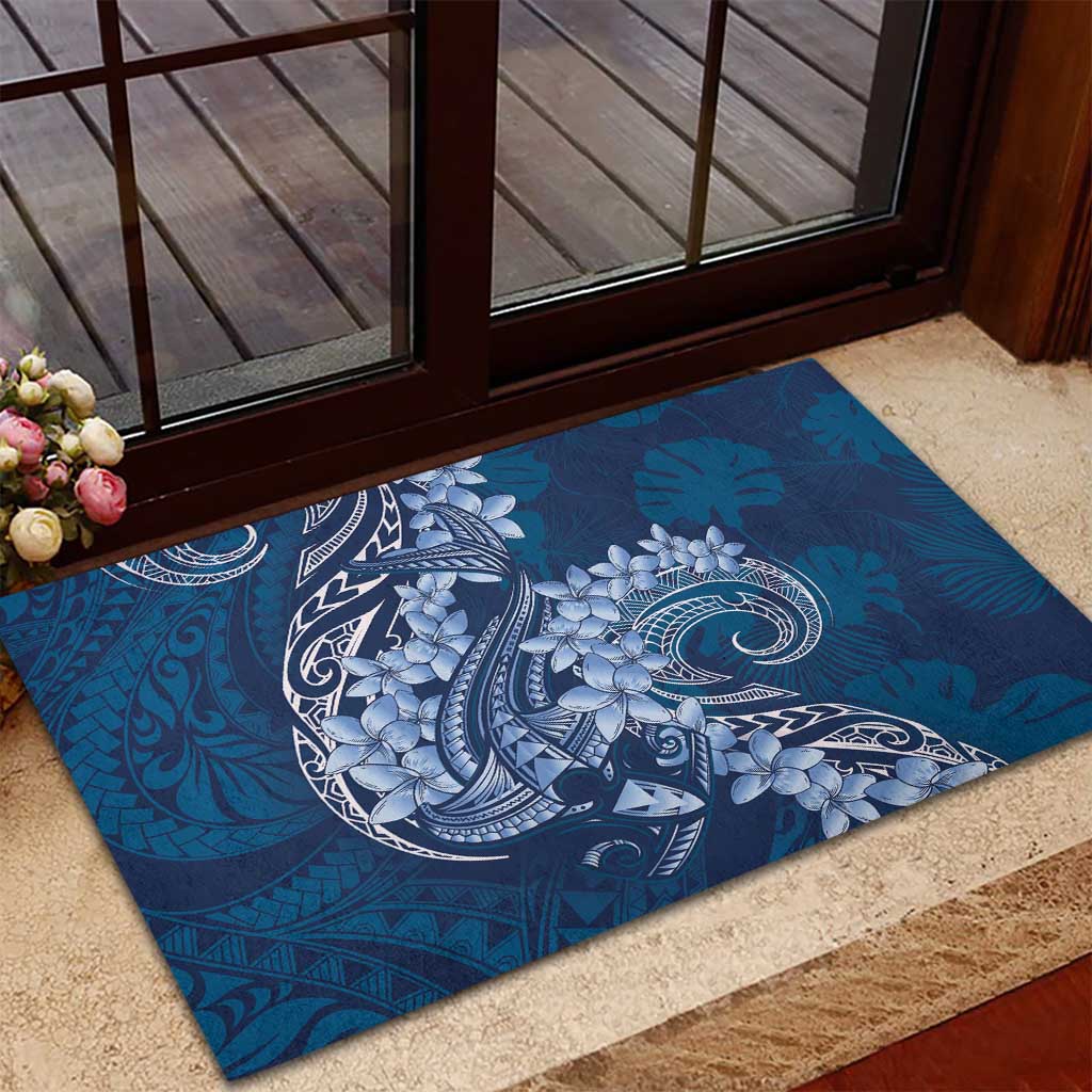 Navy Blue Polynesia Hammerhead Shark Tattoo With Plumeria Lei Rubber Doormat LT14 - Polynesian Pride