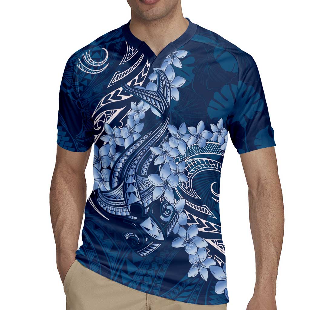 Navy Blue Polynesia Hammerhead Shark Tattoo With Plumeria Lei Rugby Jersey LT14 - Polynesian Pride
