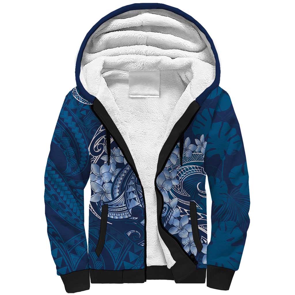Navy Blue Polynesia Hammerhead Shark Tattoo With Plumeria Lei Sherpa Hoodie