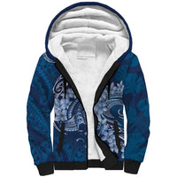 Navy Blue Polynesia Hammerhead Shark Tattoo With Plumeria Lei Sherpa Hoodie