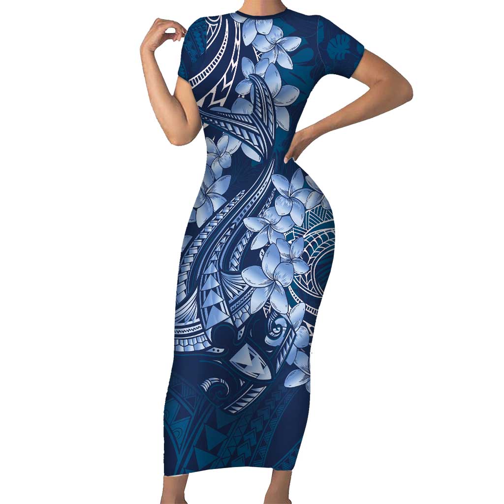 Navy Blue Polynesia Hammerhead Shark Tattoo With Plumeria Lei Short Sleeve Bodycon Dress