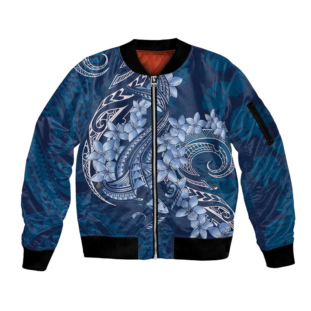 Navy Blue Polynesia Hammerhead Shark Tattoo With Plumeria Lei Sleeve Zip Bomber Jacket LT14 Unisex Navy Blue - Polynesian Pride