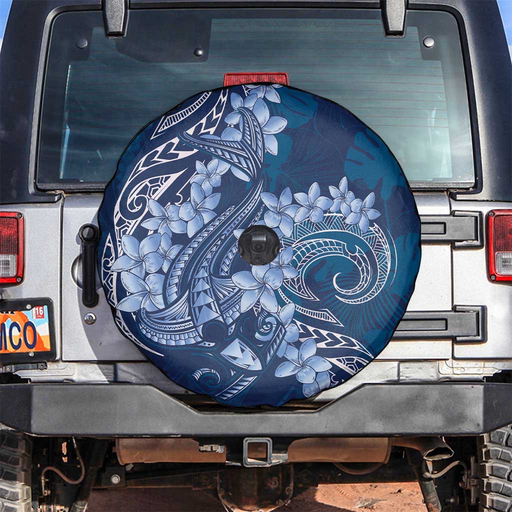 Navy Blue Polynesia Hammerhead Shark Tattoo With Plumeria Lei Spare Tire Cover