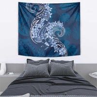 Navy Blue Polynesia Hammerhead Shark Tattoo With Plumeria Lei Tapestry