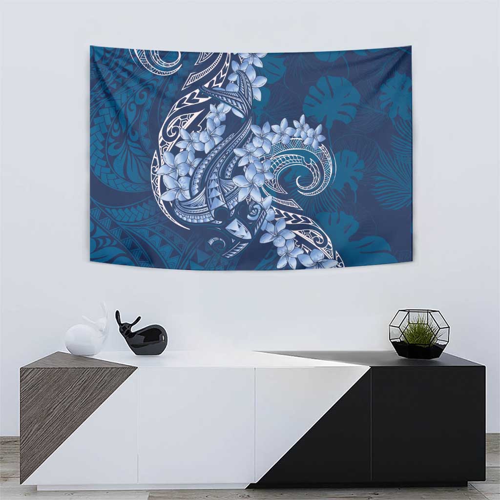Navy Blue Polynesia Hammerhead Shark Tattoo With Plumeria Lei Tapestry