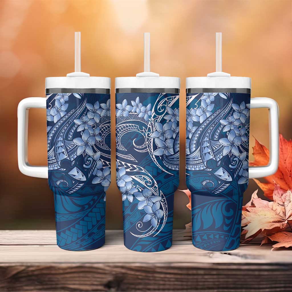 Navy Blue Polynesia Hammerhead Shark Tattoo With Plumeria Lei Tumbler With Handle LT14 - Polynesian Pride