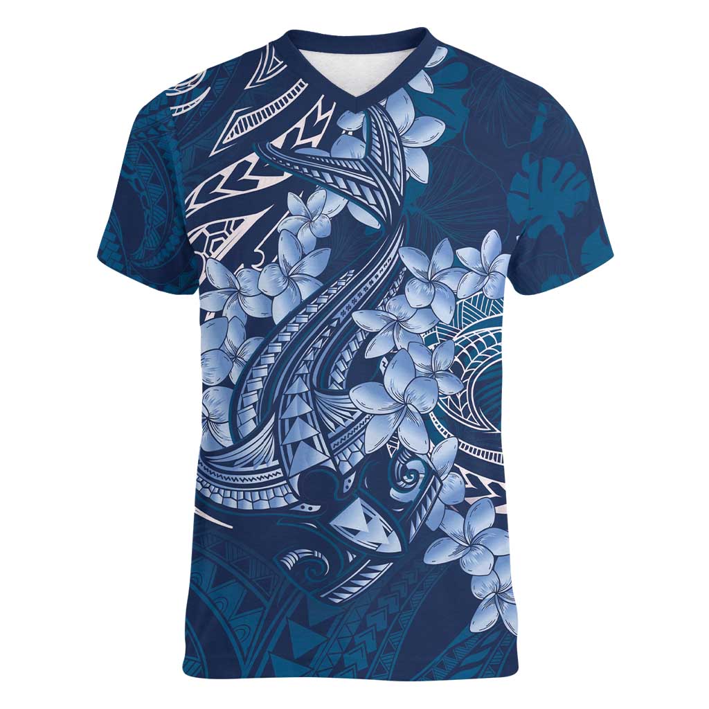 Navy Blue Polynesia Hammerhead Shark Tattoo With Plumeria Lei Women V-Neck T-Shirt LT14 Female Navy Blue - Polynesian Pride
