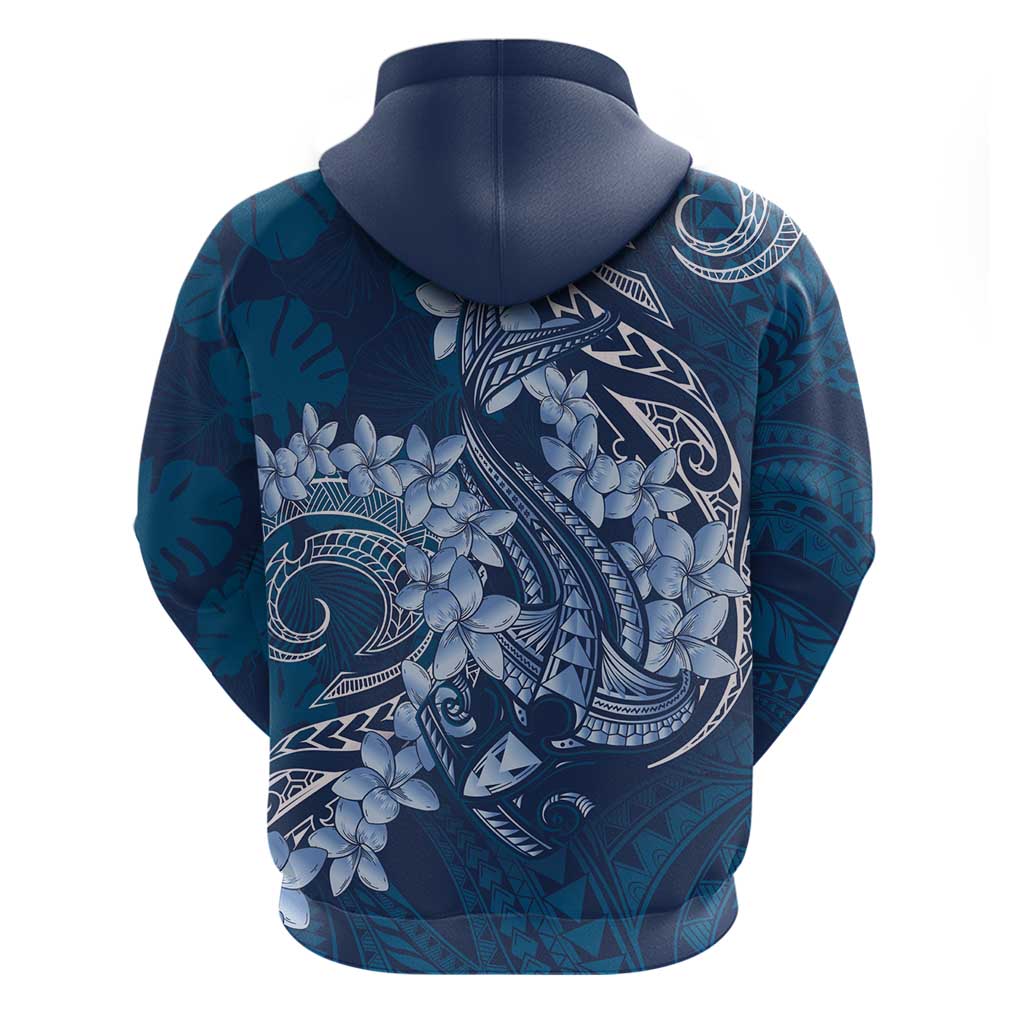 Navy Blue Polynesia Hammerhead Shark Tattoo With Plumeria Lei Zip Hoodie