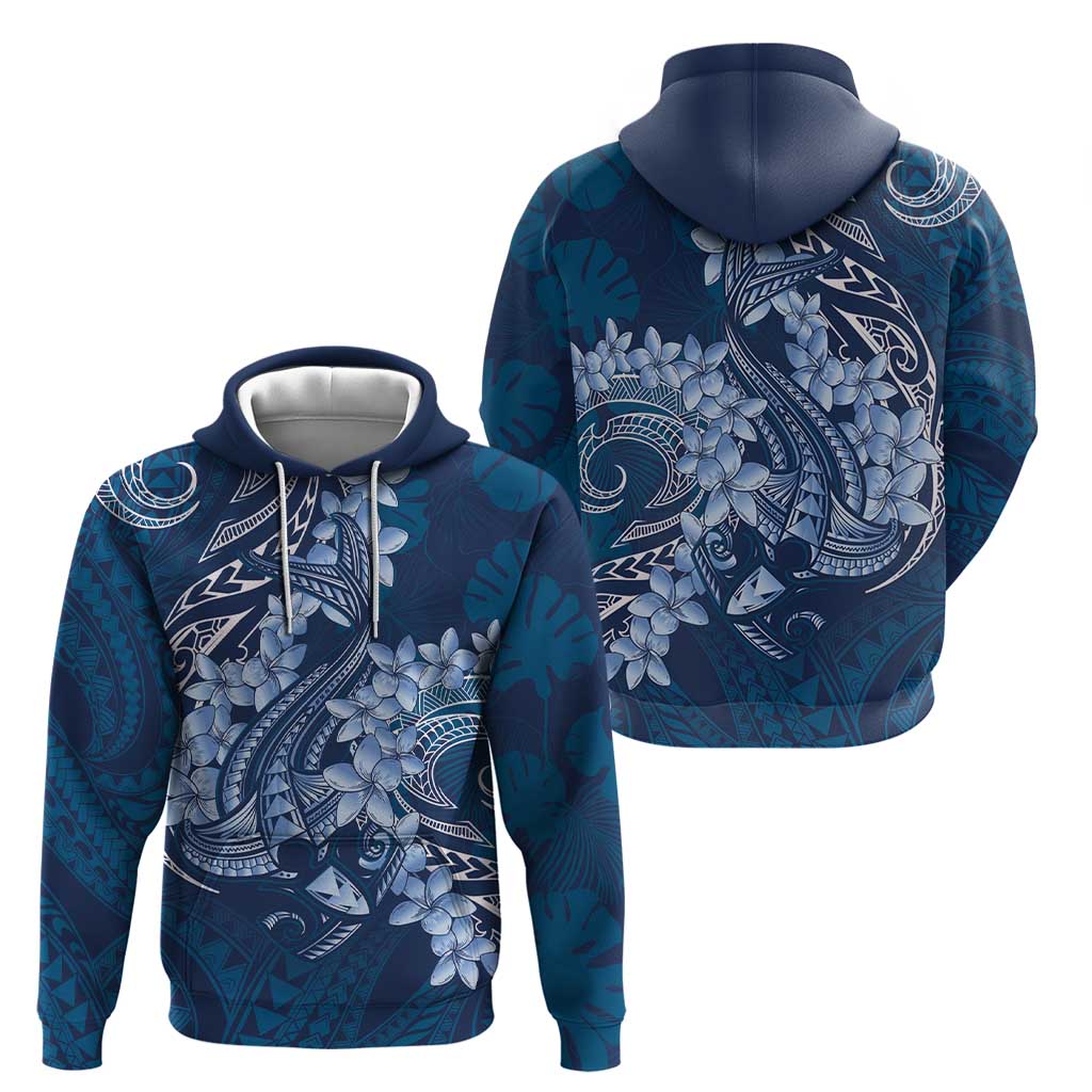 Navy Blue Polynesia Hammerhead Shark Tattoo With Plumeria Lei Zip Hoodie