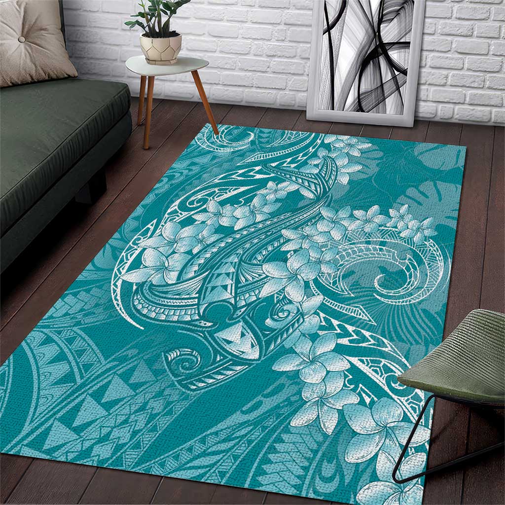Teal Polynesia Hammerhead Shark Tattoo With Plumeria Lei Area Rug