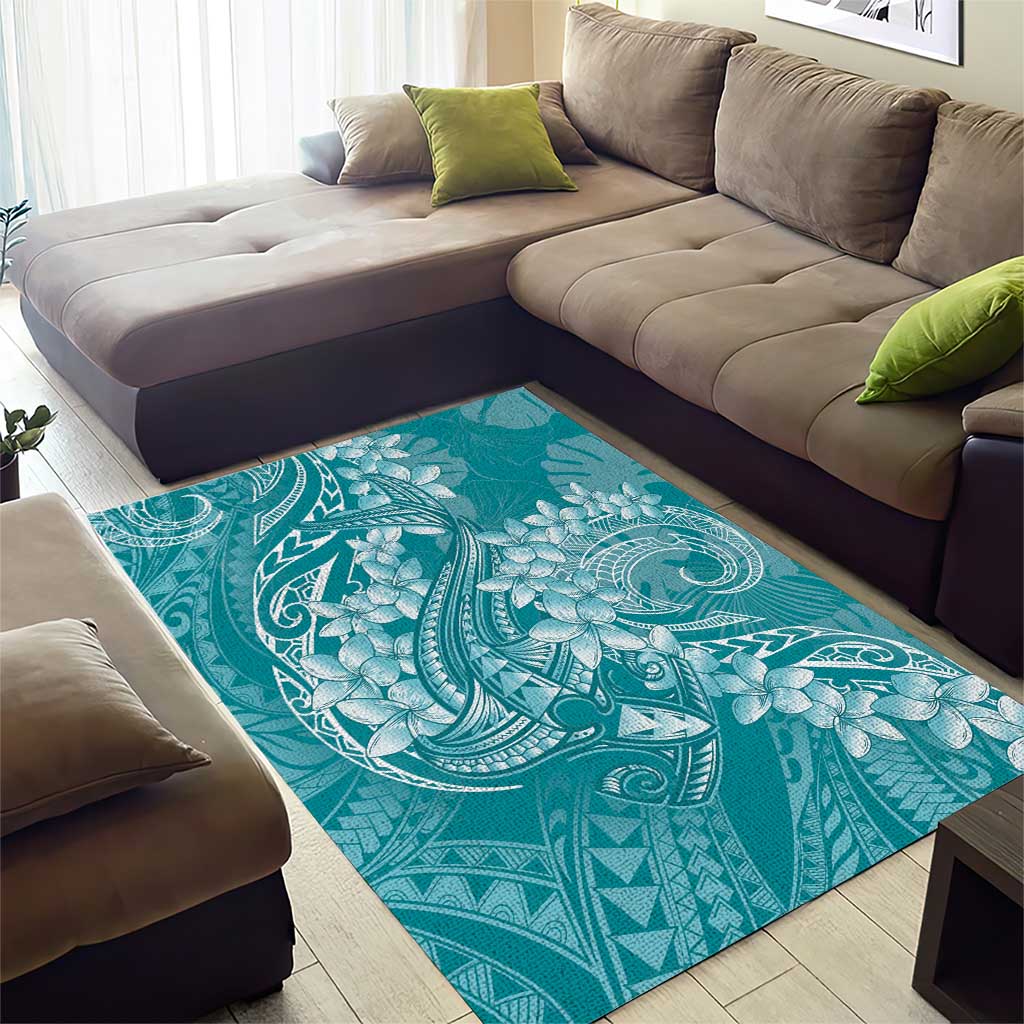 Teal Polynesia Hammerhead Shark Tattoo With Plumeria Lei Area Rug