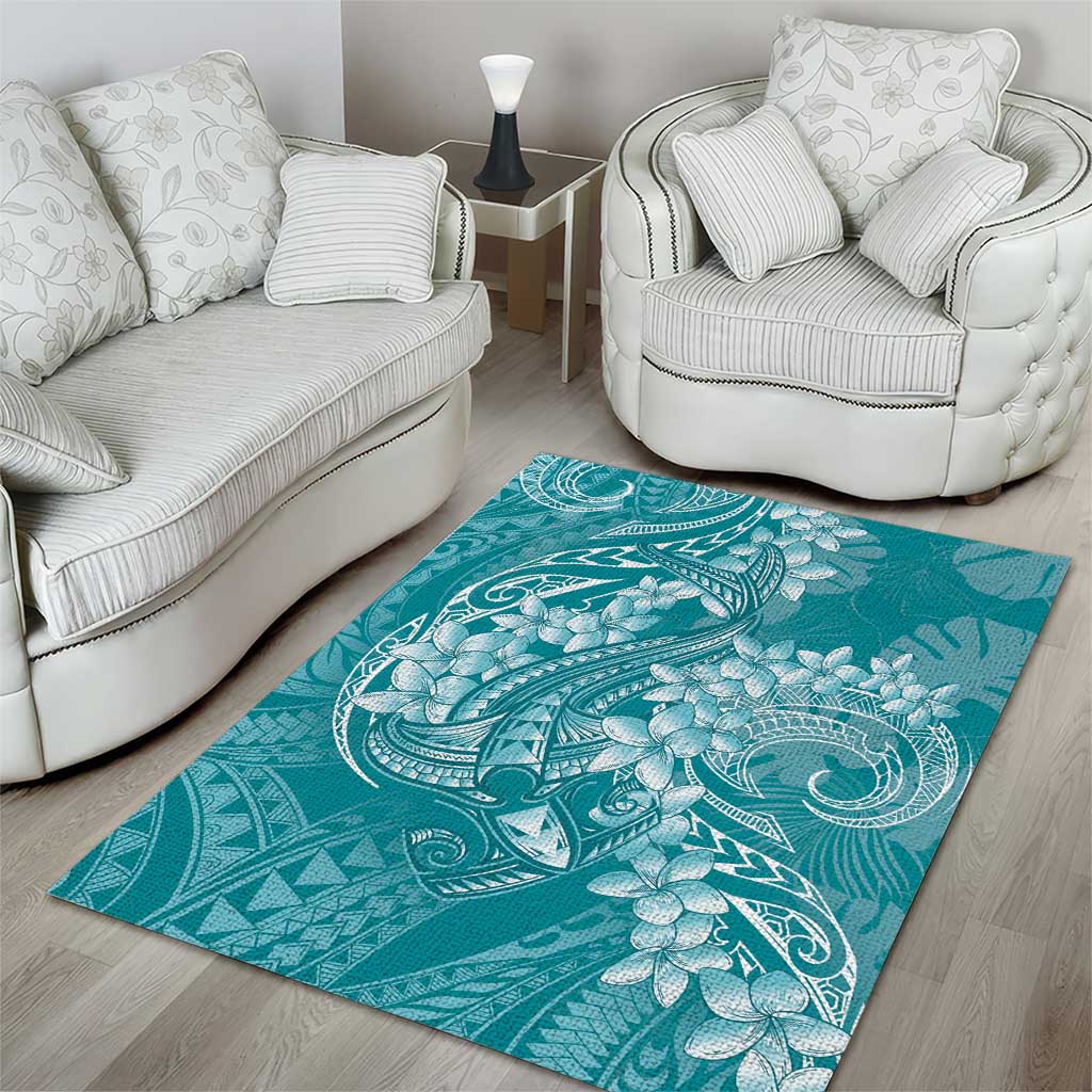 Teal Polynesia Hammerhead Shark Tattoo With Plumeria Lei Area Rug