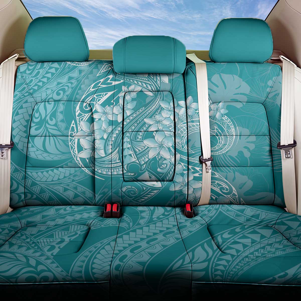 Teal Polynesia Hammerhead Shark Tattoo With Plumeria Lei Back Car Seat Cover