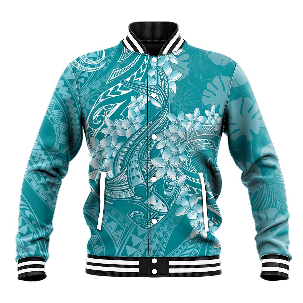 Teal Polynesia Hammerhead Shark Tattoo With Plumeria Lei Baseball Jacket