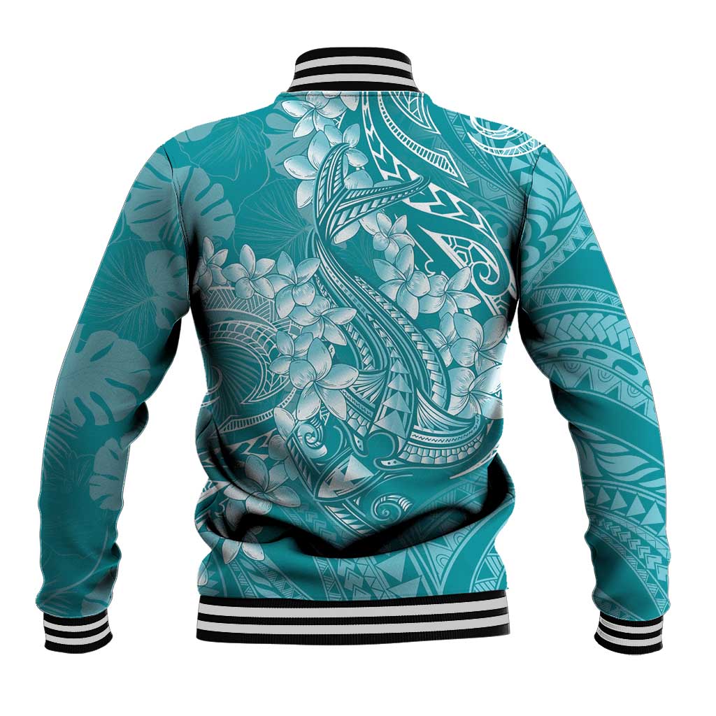 Teal Polynesia Hammerhead Shark Tattoo With Plumeria Lei Baseball Jacket