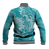 Teal Polynesia Hammerhead Shark Tattoo With Plumeria Lei Baseball Jacket