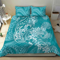 Teal Polynesia Hammerhead Shark Tattoo With Plumeria Lei Bedding Set