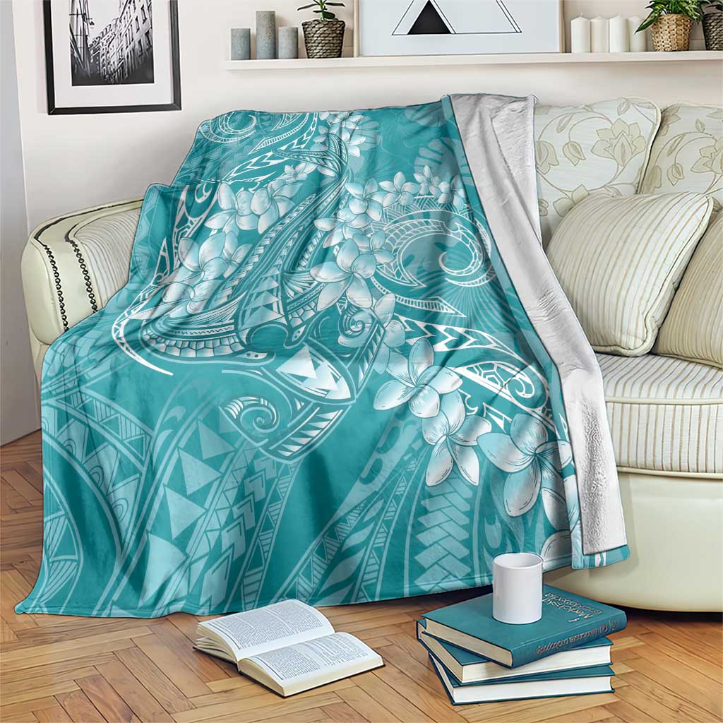 Teal Polynesia Hammerhead Shark Tattoo With Plumeria Lei Blanket