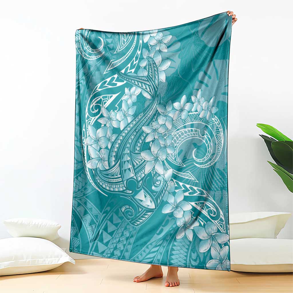 Teal Polynesia Hammerhead Shark Tattoo With Plumeria Lei Blanket