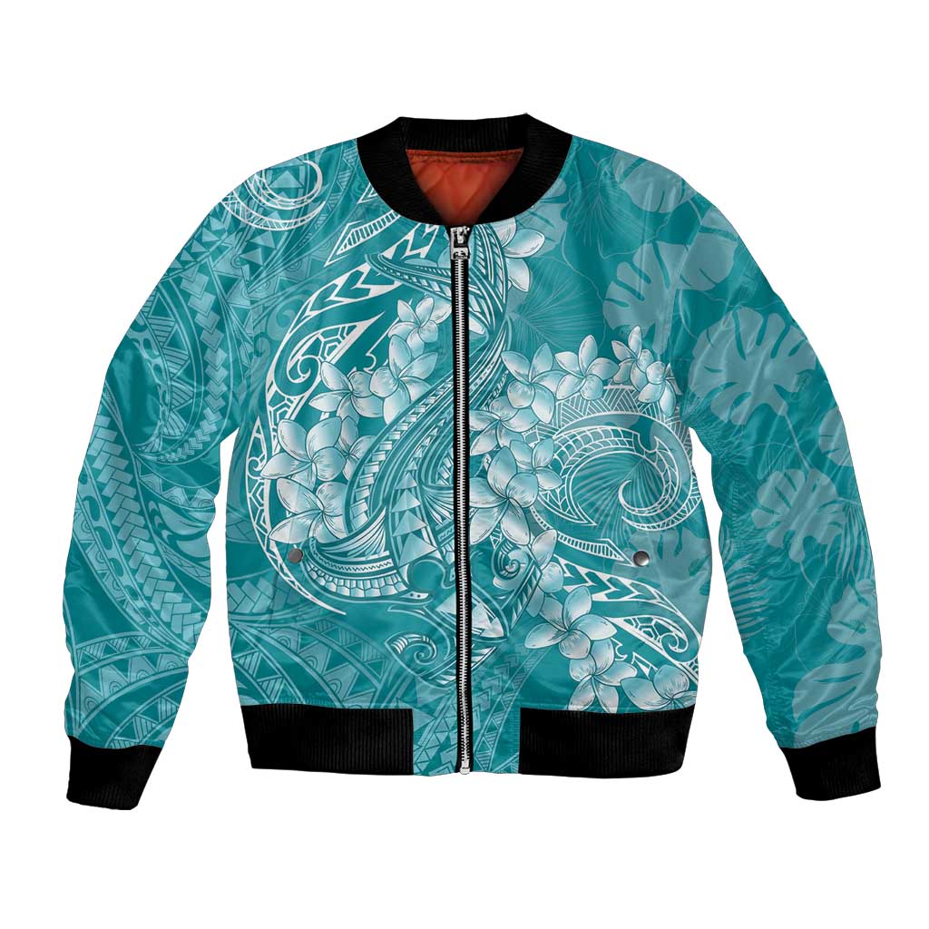 Teal Polynesia Hammerhead Shark Tattoo With Plumeria Lei Bomber Jacket LT14 Unisex Teal - Polynesian Pride
