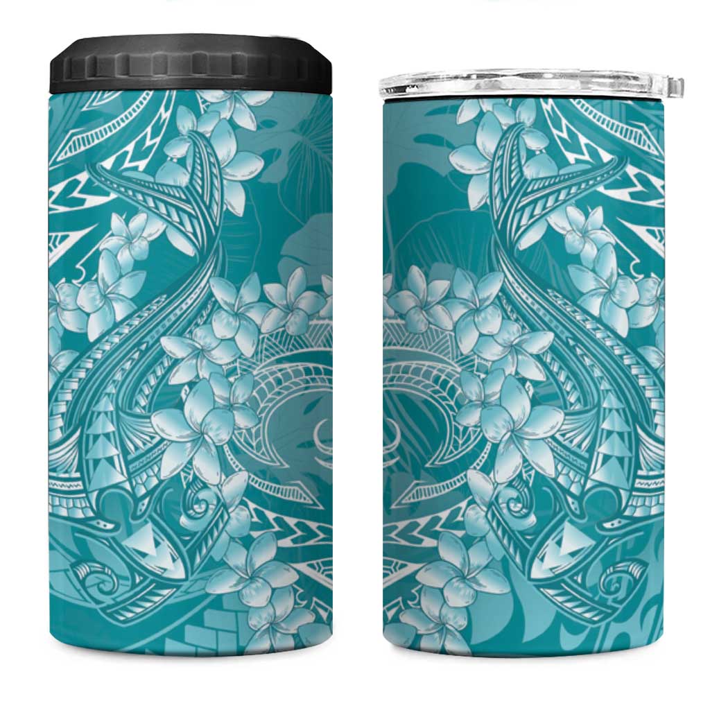 Teal Polynesia Hammerhead Shark Tattoo With Plumeria Lei 4 in 1 Can Cooler Tumbler LT14 One Size: 16 oz Teal - Polynesian Pride