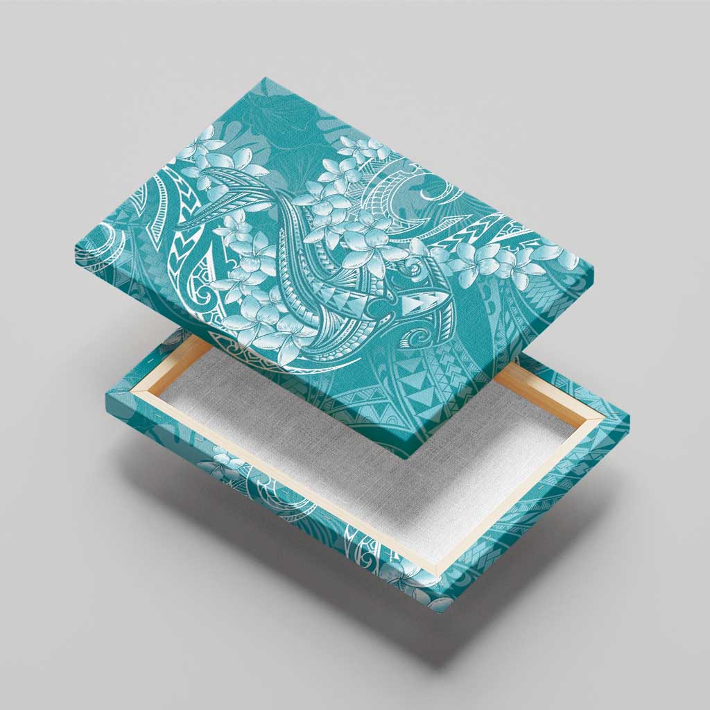 Teal Polynesia Hammerhead Shark Tattoo With Plumeria Lei Canvas Wall Art