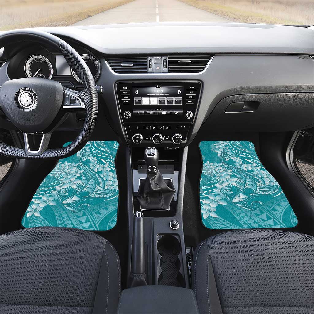 Teal Polynesia Hammerhead Shark Tattoo With Plumeria Lei Car Mats LT14 Set 2pcs - Front Teal - Polynesian Pride