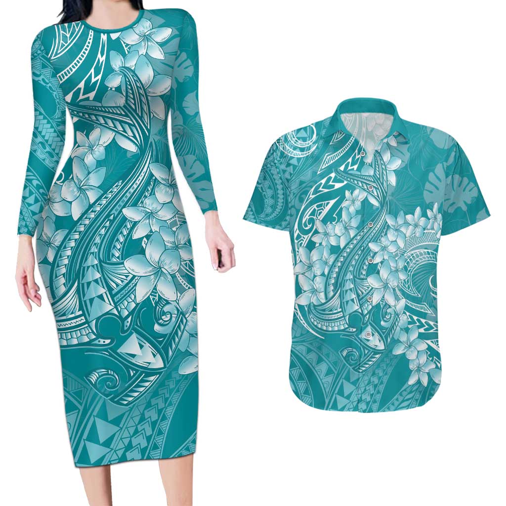Teal Polynesia Hammerhead Shark Tattoo With Plumeria Lei Couples Matching Long Sleeve Bodycon Dress and Hawaiian Shirt