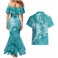 Teal Polynesia Hammerhead Shark Tattoo With Plumeria Lei Couples Matching Mermaid Dress and Hawaiian Shirt
