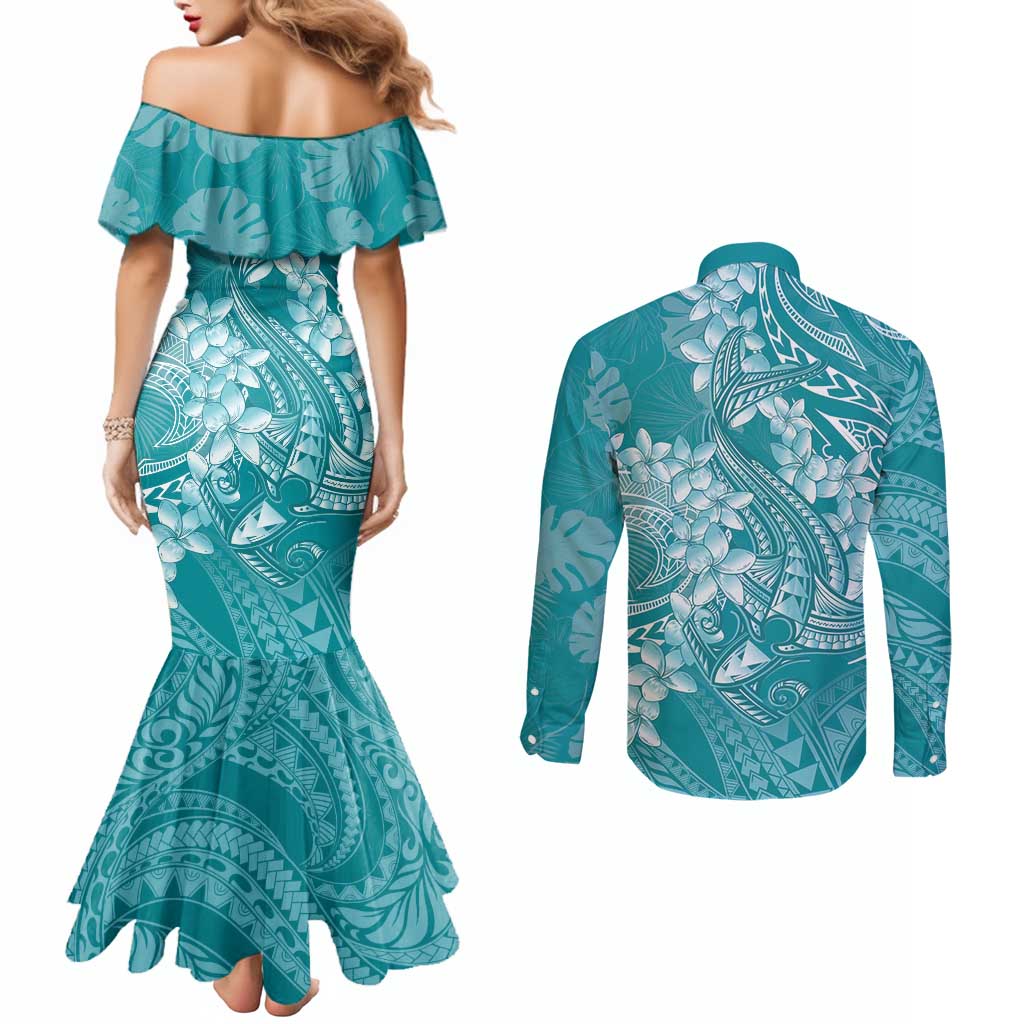 Teal Polynesia Hammerhead Shark Tattoo With Plumeria Lei Couples Matching Mermaid Dress and Long Sleeve Button Shirt LT14 - Polynesian Pride