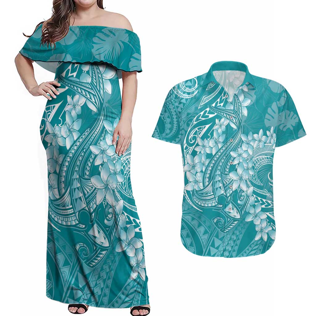 Teal Polynesia Hammerhead Shark Tattoo With Plumeria Lei Couples Matching Off Shoulder Maxi Dress and Hawaiian Shirt