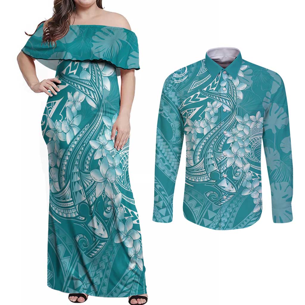 Teal Polynesia Hammerhead Shark Tattoo With Plumeria Lei Couples Matching Off Shoulder Maxi Dress and Long Sleeve Button Shirt LT14 Teal - Polynesian Pride
