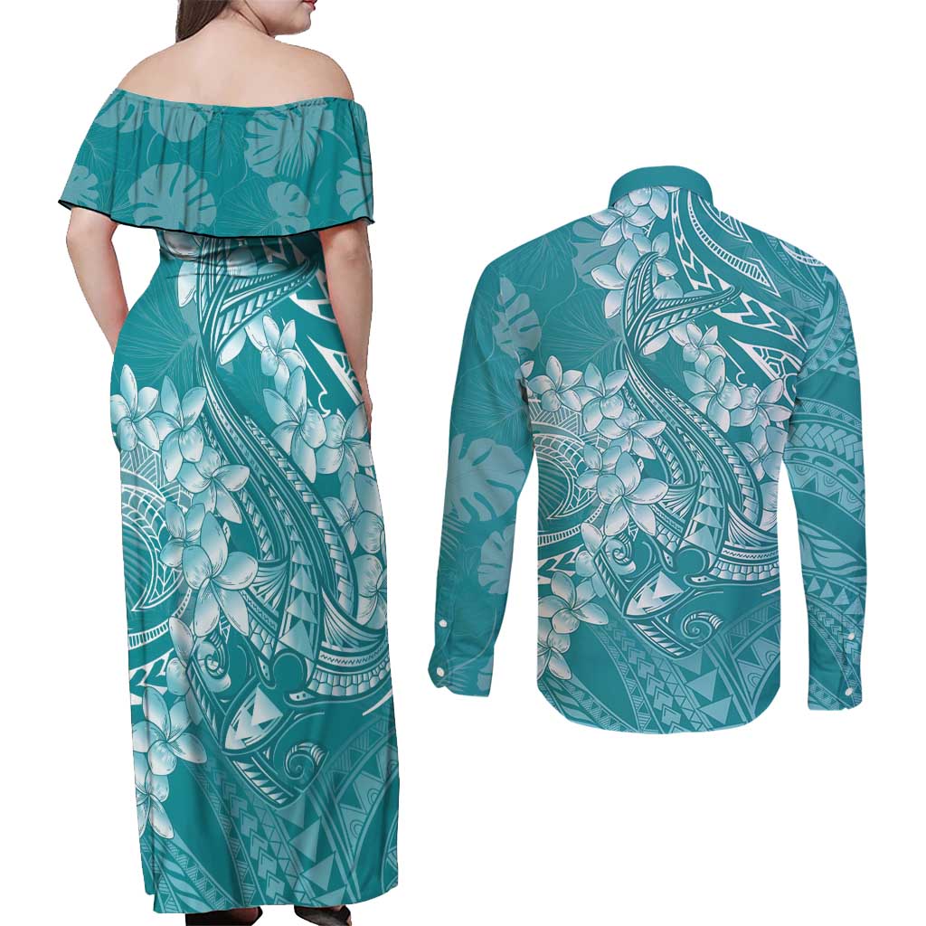Teal Polynesia Hammerhead Shark Tattoo With Plumeria Lei Couples Matching Off Shoulder Maxi Dress and Long Sleeve Button Shirt LT14 - Polynesian Pride