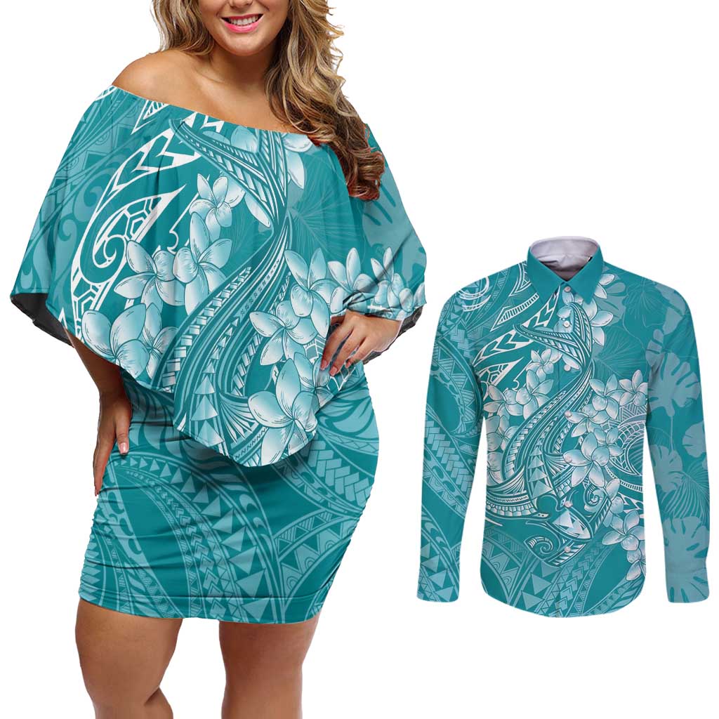 Teal Polynesia Hammerhead Shark Tattoo With Plumeria Lei Couples Matching Off Shoulder Short Dress and Long Sleeve Button Shirt LT14 Teal - Polynesian Pride