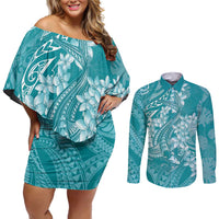 Teal Polynesia Hammerhead Shark Tattoo With Plumeria Lei Couples Matching Off Shoulder Short Dress and Long Sleeve Button Shirt LT14 Teal - Polynesian Pride