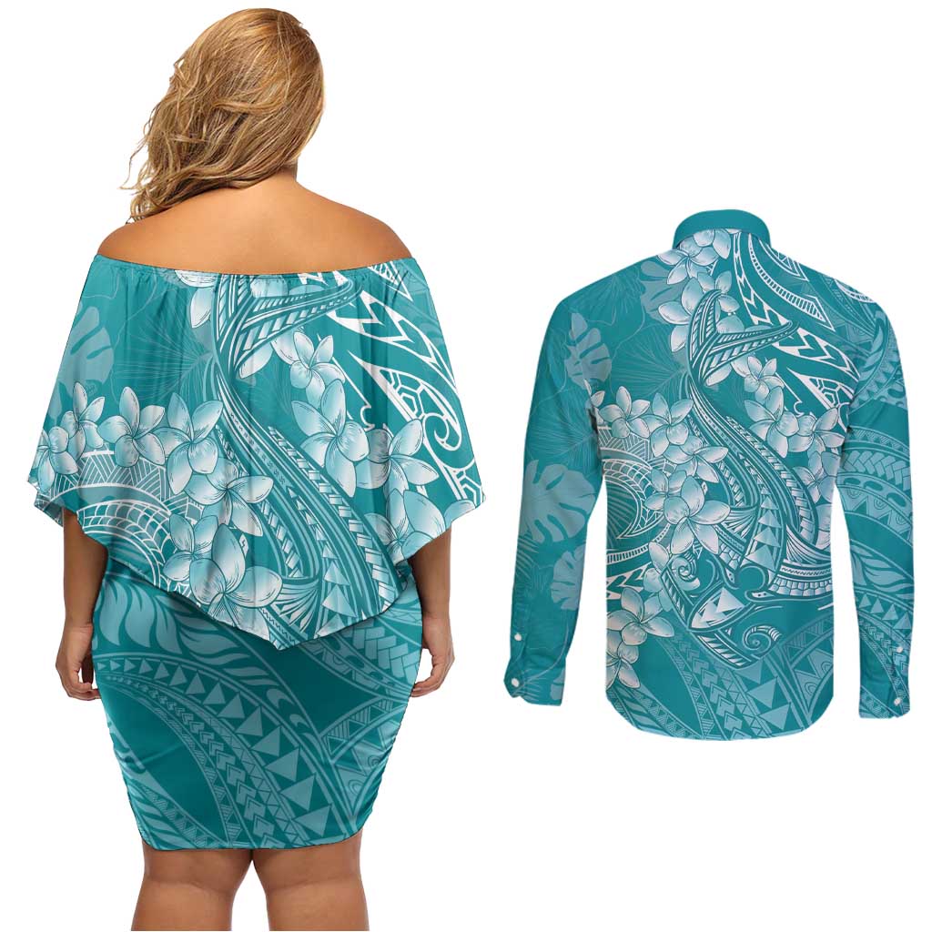Teal Polynesia Hammerhead Shark Tattoo With Plumeria Lei Couples Matching Off Shoulder Short Dress and Long Sleeve Button Shirt LT14 - Polynesian Pride