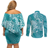 Teal Polynesia Hammerhead Shark Tattoo With Plumeria Lei Couples Matching Off Shoulder Short Dress and Long Sleeve Button Shirt LT14 - Polynesian Pride