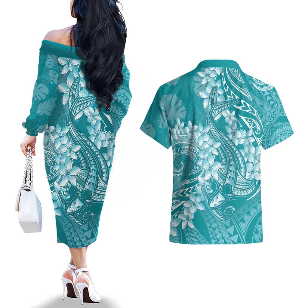 Teal Polynesia Hammerhead Shark Tattoo With Plumeria Lei Couples Matching Off The Shoulder Long Sleeve Dress and Hawaiian Shirt