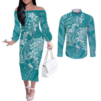 Teal Polynesia Hammerhead Shark Tattoo With Plumeria Lei Couples Matching Off The Shoulder Long Sleeve Dress and Long Sleeve Button Shirt LT14 Teal - Polynesian Pride