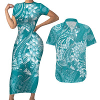 Teal Polynesia Hammerhead Shark Tattoo With Plumeria Lei Couples Matching Short Sleeve Bodycon Dress and Hawaiian Shirt