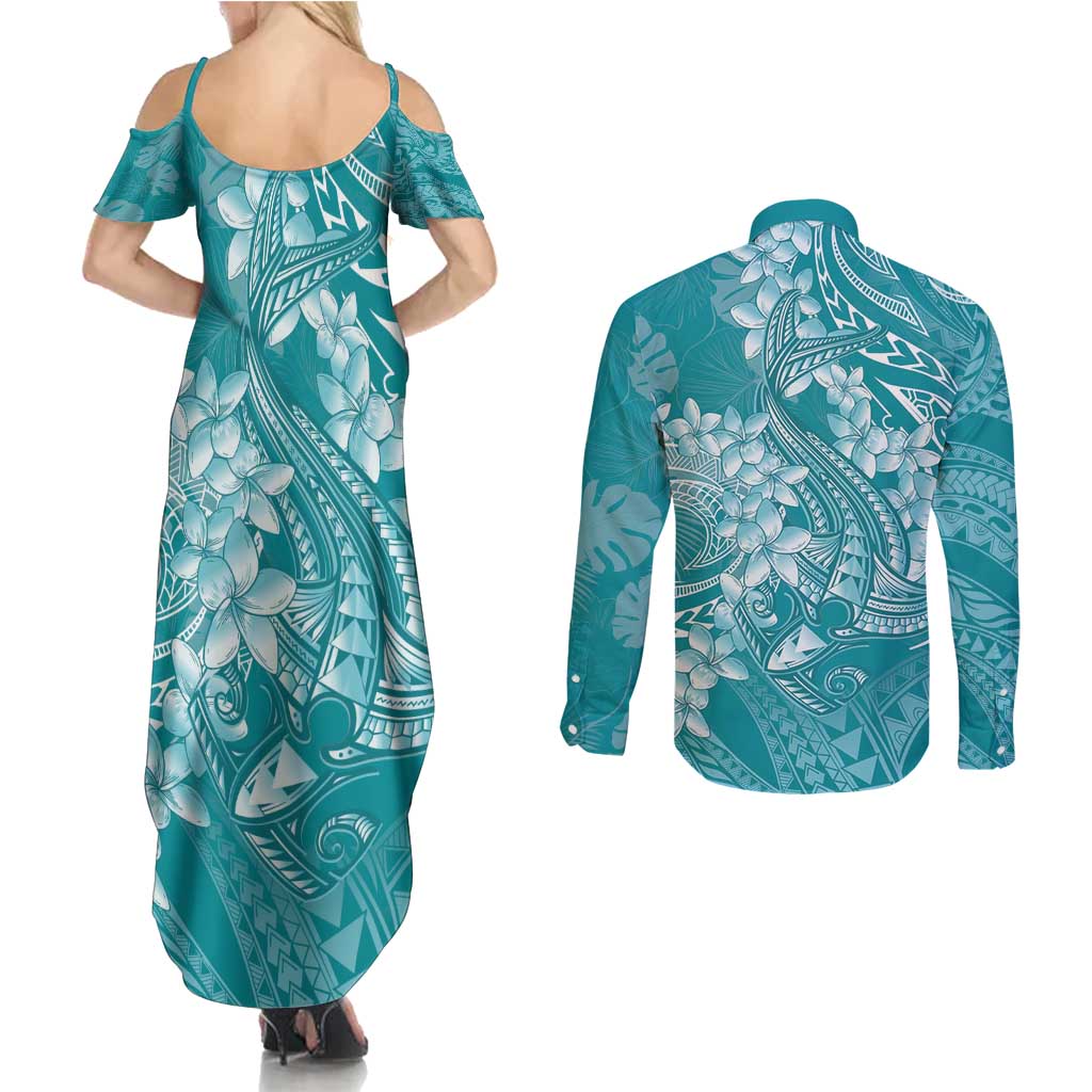 Teal Polynesia Hammerhead Shark Tattoo With Plumeria Lei Couples Matching Summer Maxi Dress and Long Sleeve Button Shirt