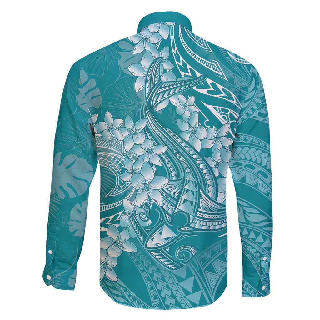 Teal Polynesia Hammerhead Shark Tattoo With Plumeria Lei Family Matching Long Sleeve Bodycon Dress and Hawaiian Shirt