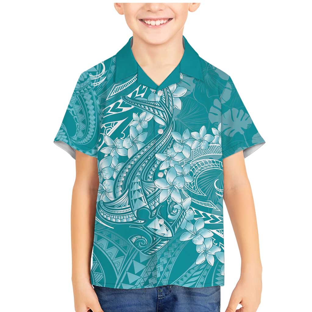 Teal Polynesia Hammerhead Shark Tattoo With Plumeria Lei Family Matching Mermaid Dress and Hawaiian Shirt