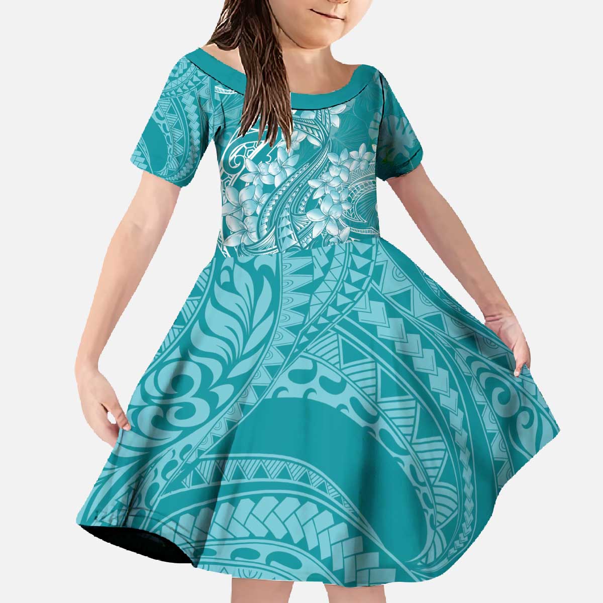 Teal Polynesia Hammerhead Shark Tattoo With Plumeria Lei Family Matching Off The Shoulder Long Sleeve Dress and Hawaiian Shirt